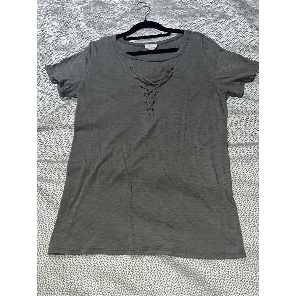 Emory Park White Top Gray Lace Up Shirt Casual Small T-Shirt Cotton Blend‎ Boho